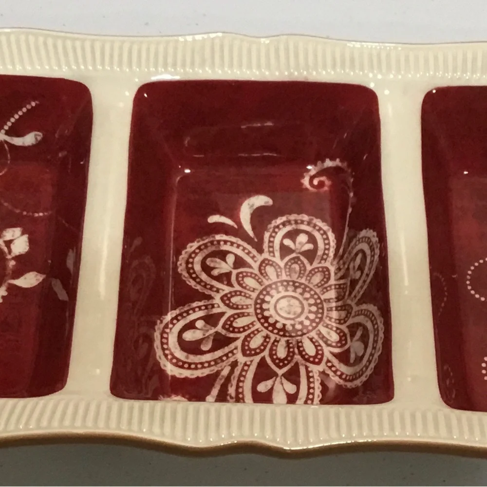 Pier 1 Red and Cream Ceramic Divided Tray with Floral Motif